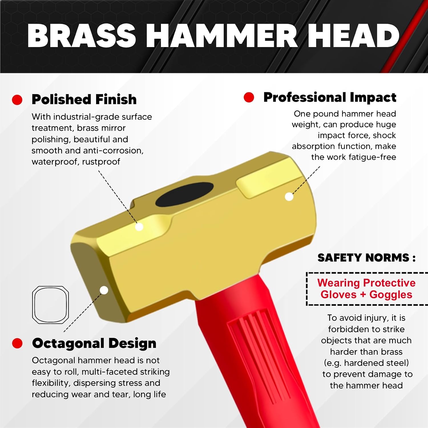 C&T 2lb Brass Sledge Hammer,Non-Sparking, Comfortable Fiberglass Handle,2-Pounds,Non-Magnetic,Corrosion Resistant image 4