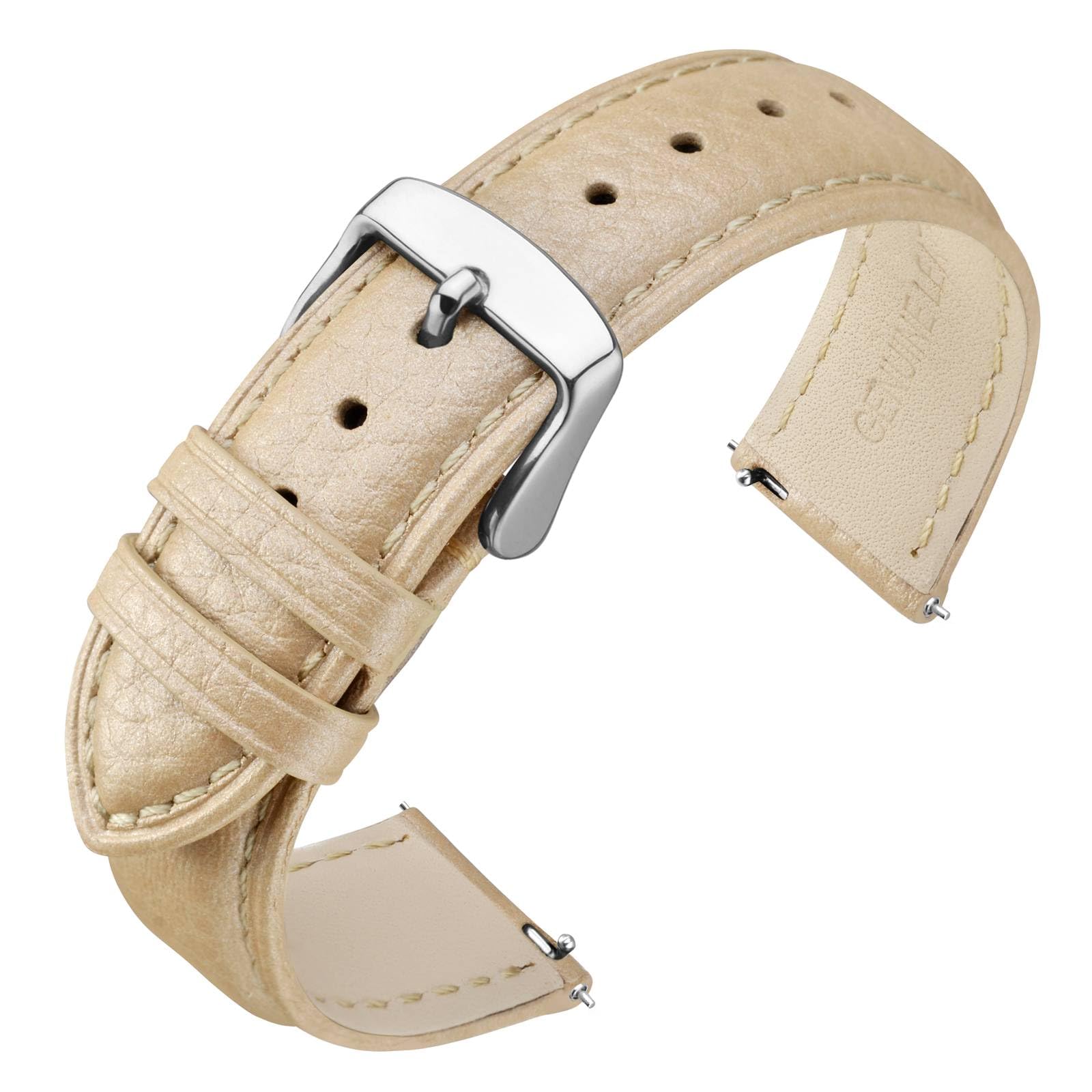 ANNEFIT Watch Band 17mm, Quick Release Textured Padded Leather Straps with Silver Buckle for Men and Women (Gold)