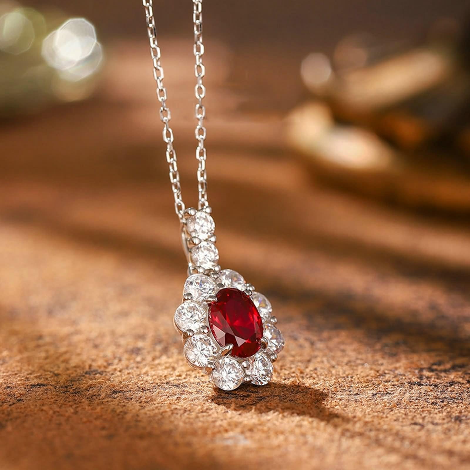 Długi naszyjnik damski, modna biżuteria, naszyjnik do wisiorka w kształcie kwiatu, 1,85 ct, rubin i moissanit 18-karatowe białe złoto, 45 cm