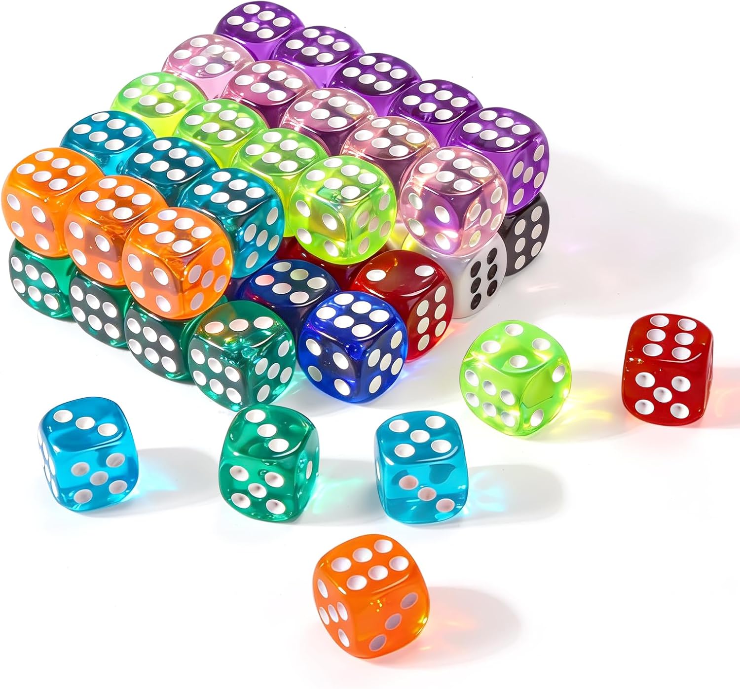 50 Pieces Dice Set, Translucent 6 Sided Colored Dices for Board Games, Math Learning, Classroom, Parties