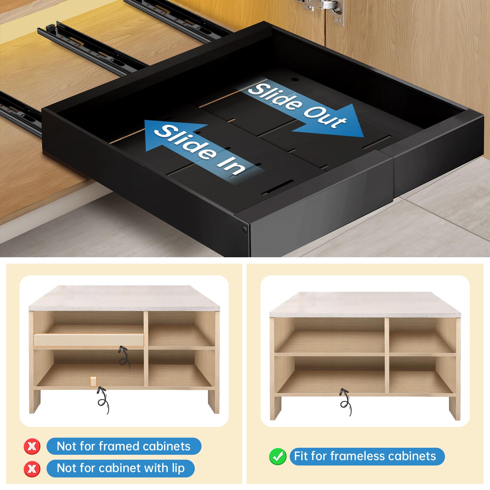 Organizer espandibile per armadietti, confezione da 2 cassetti scorrevoli adesivi per mobili da cucina, dispensa, bagno, cassetti scorrevoli, resistenti, per cucina, confezione da 1