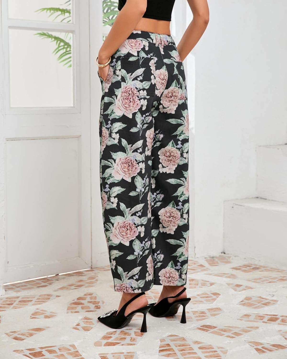 Women Floral Embroidered Barrel Jeans Wide Leg Mid Rise Boyfriend Baggy Denim Ankle Pants with Pockets - Image 7