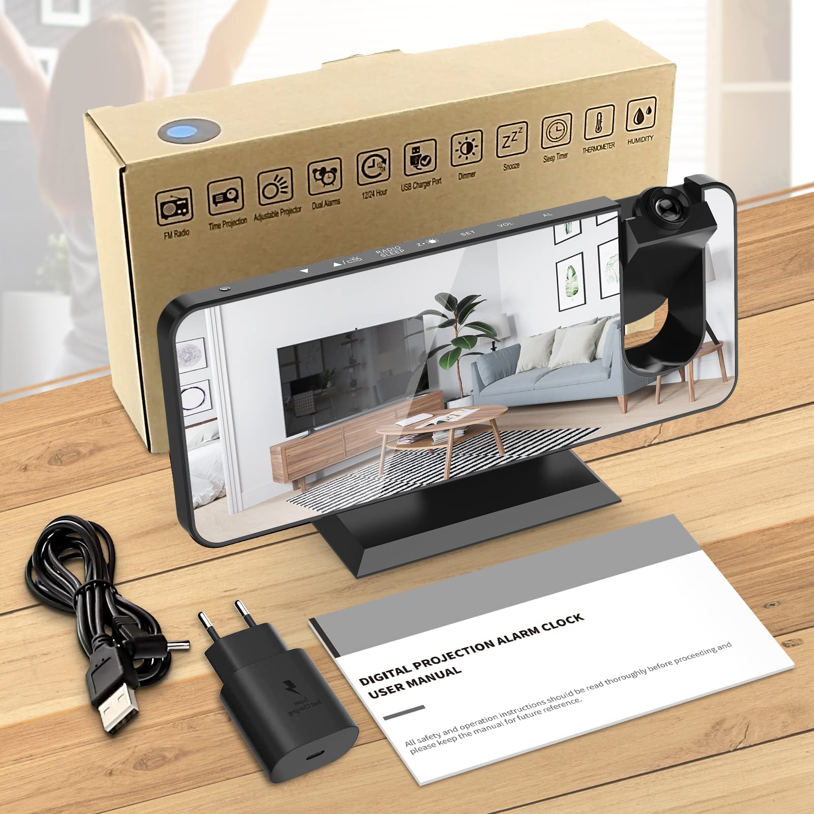 TAKRINK Sveglia con Proiettore da 7,5 Pollici Sveglia Radio Sveglia Digitale da Comodino con Proiettore con Rotazione di 180 ° Luminosità Regolabile con Temperatura Umidità e Uscita USB Ricarica