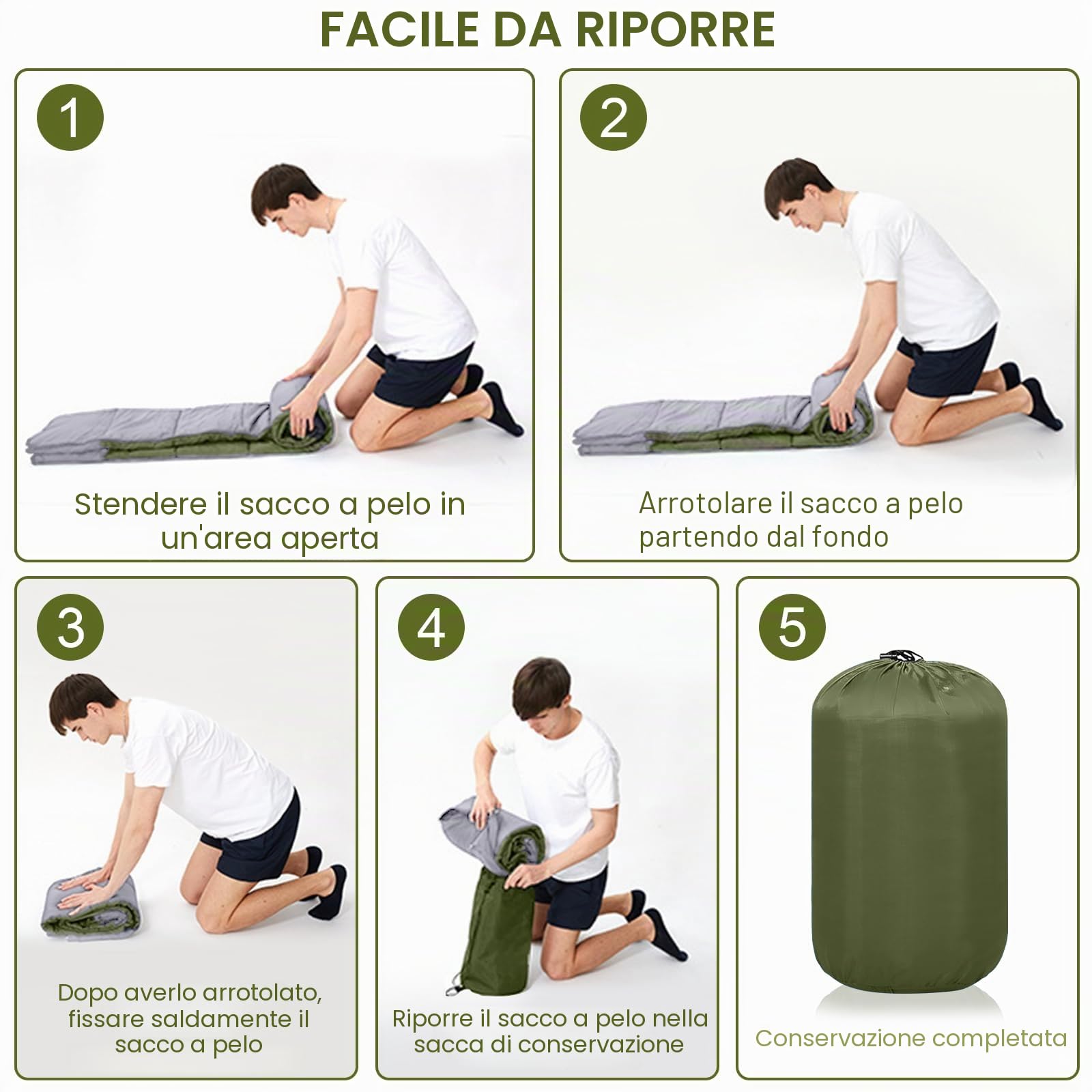 Sacco a Pelo Portatile Verde 1.6kg, 220x85cm Sacco a Pelo 3 Stagioni Impermeabile con Sacco a Compressione, Portatile e Leggero, Adatto per Uso Interno ed Esterno