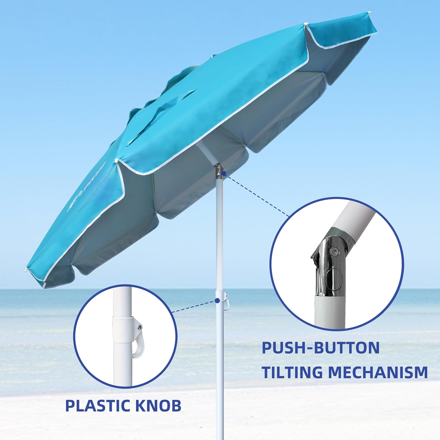 AMMSUN 6.5 Foot Heavy Duty Beach Umbrella for Sand with tilt Air Vent Sun Shelter, UV 50+ Protection Outdoor Sunshade Umbrella with Carry Bag for Patio Garden Beach Pool Backyard Sky Blue