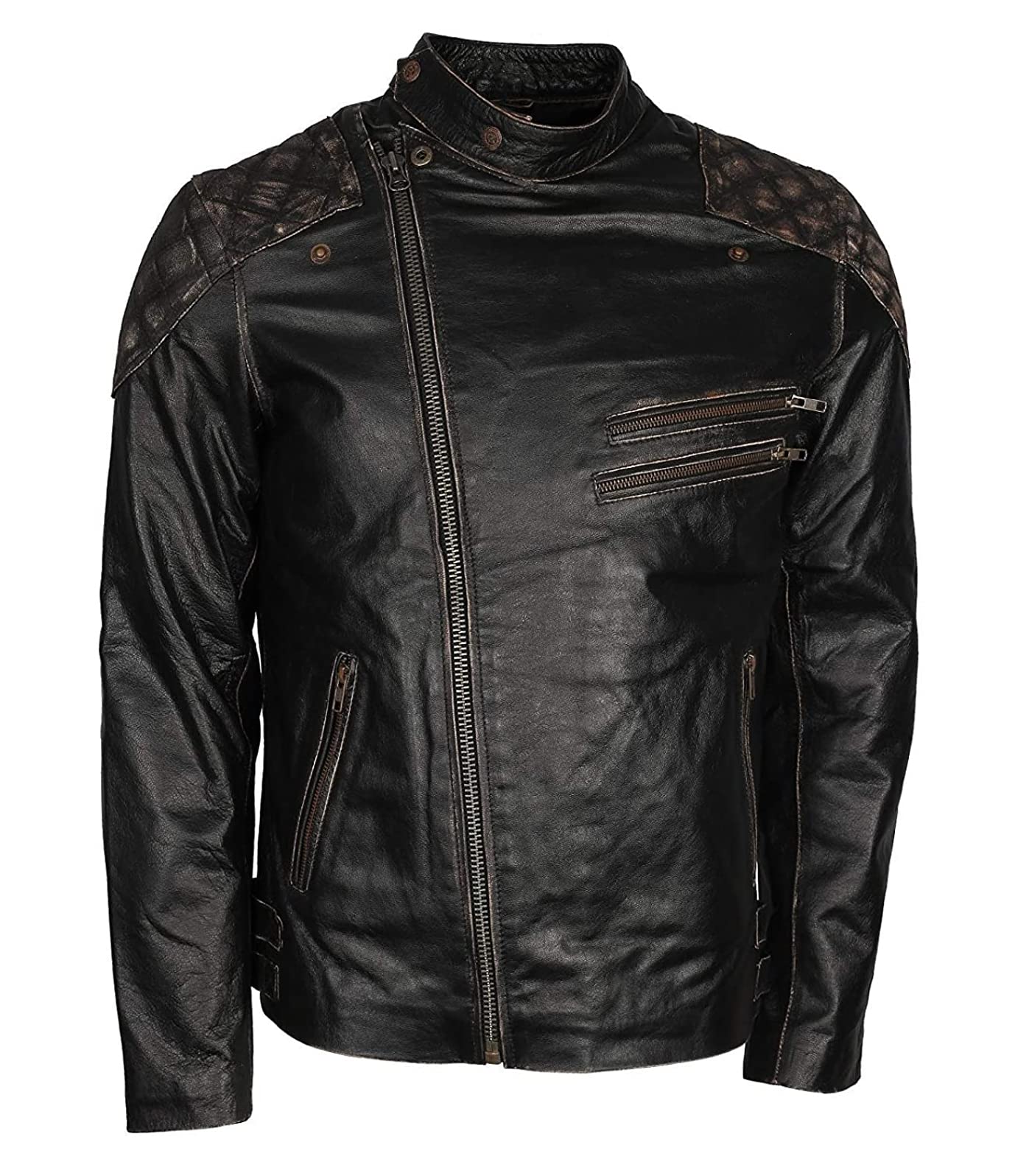 Cráneo en relieve Huesos Negro envejecido Vintage Cafe Racer Motocicleta Biker Negro Chaqueta de cuero para hombre