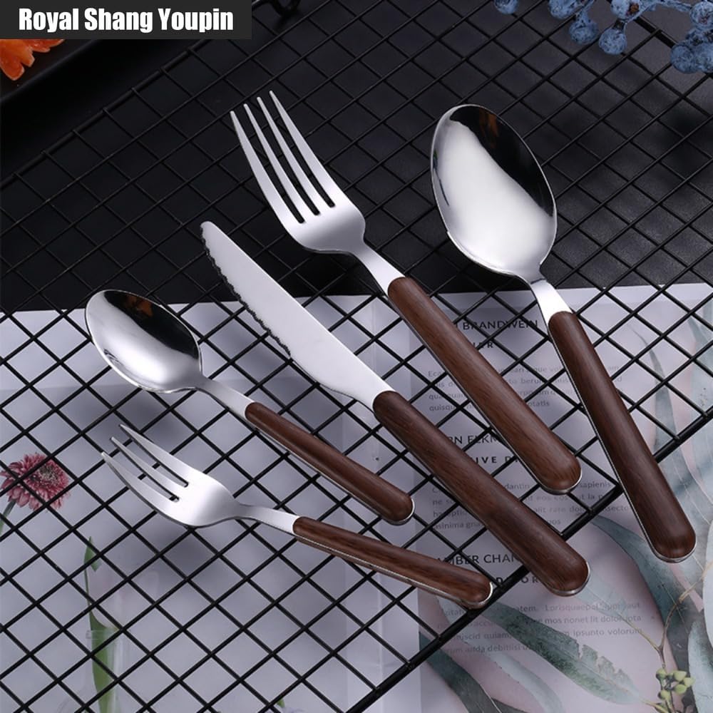 Wooden Handle Kitchen Stainless Steel Silverware Tableware Flatware Cutlery 5-piece Set Steak Knife Fork Spoon Teaspoon (Silver,5 pieces)