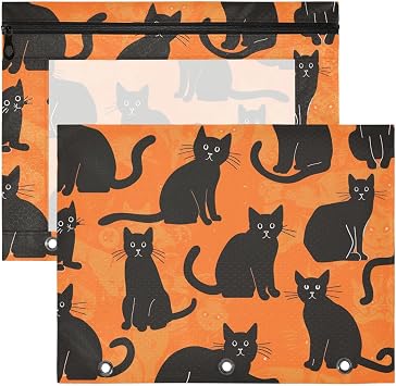 Zipper Pencil Pouch for 3 Ring Binder 2 Pack Black Cats Silhouette Pencil Bags with Clear Window