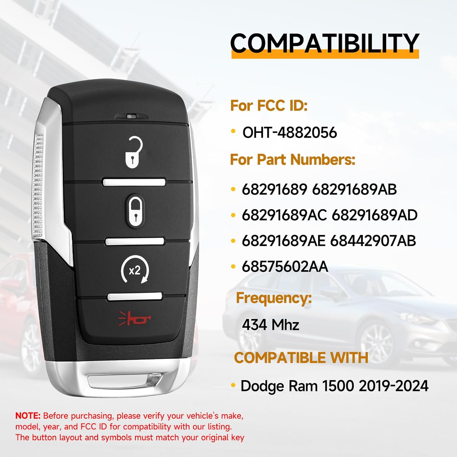 Key Fob Replacement Fits for Dodge Ram 1500 2019 2020 2021 2022 2023 2024 Smart Proximity Keyless Entry Remote Control 434Mhz OHT-4882056 4A 68291689 68442907AB 68575602AA