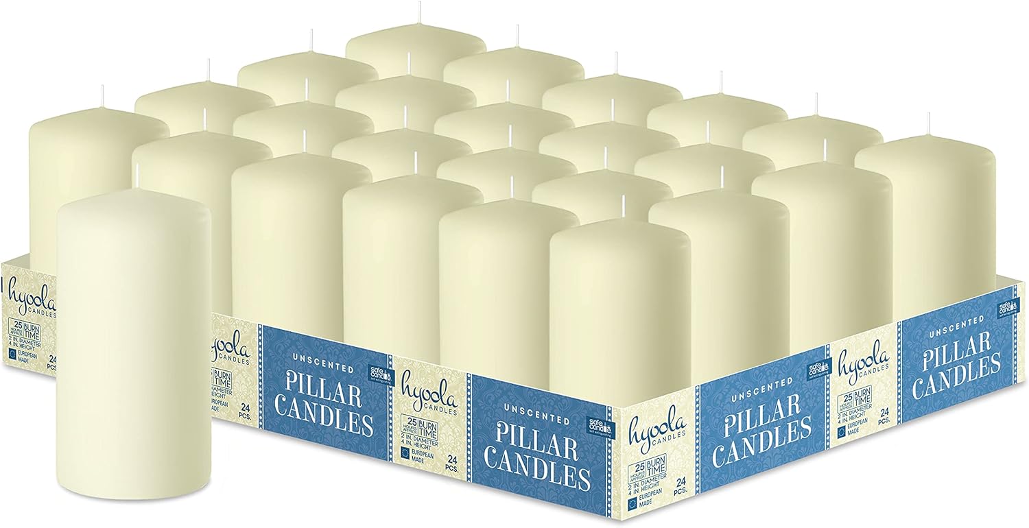 Hyoola Ivory Pillar Candles 2-inch x 4-inch - 24 Pack Unscented Bulk Pillar Candles - European Made : Home & Kitchen
