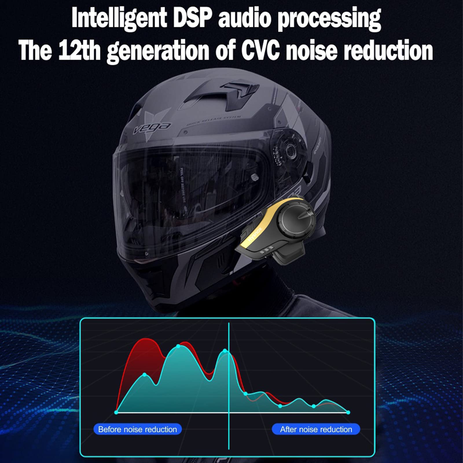 BIGFOX Intercomunicador Casco Moto Bluetooth 5.0,6 Personas 2KM Comunicación Intercom Auriculares,Impermeabilidad Casco Moto Manos Libres para Motocicletas con Control por Voz y Radio FM(Oro)
