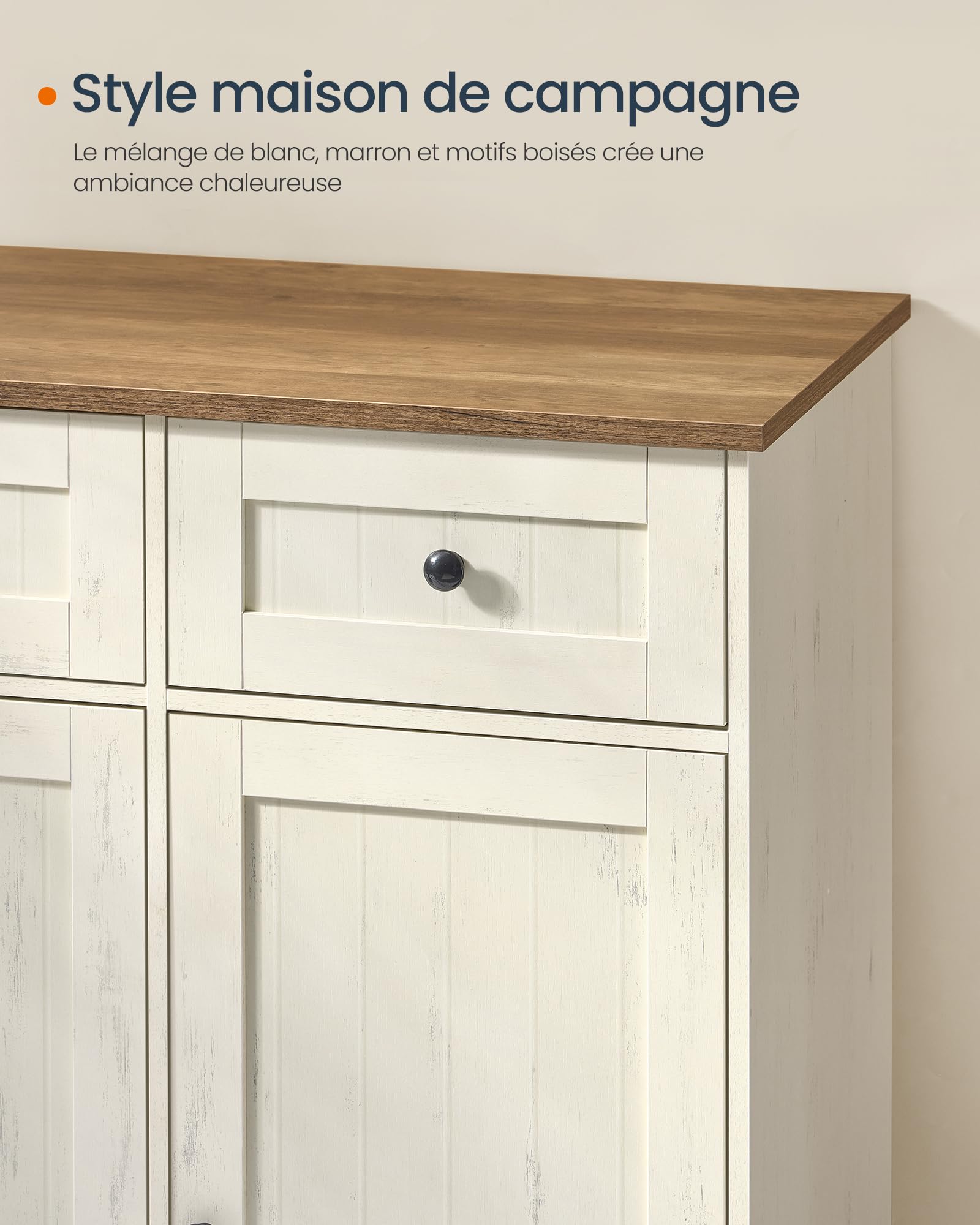 SONGMICS HOME Buffet, Assemblage Ultra-Rapide sans Outils Toolless, Meuble de Rangement de Cuisine avec Plan de Travail, Étagères Réglables, Blanc Rustique et Marron Miel BBK376WJ02
