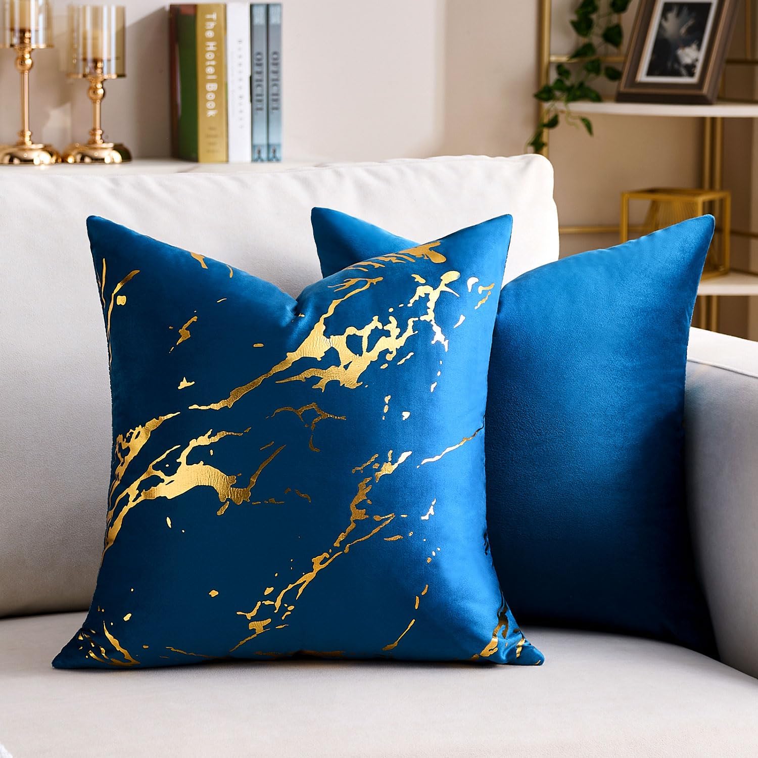 Velvet Navy Blue Throw Pillow Covers 18 x 18 Set of 2 Gold Marble Decorative Pillow Cases Modern Luxury Bronzing Printed Soft Square Couch Pillowcases for Sofa Living Room Bedroom - Image 3