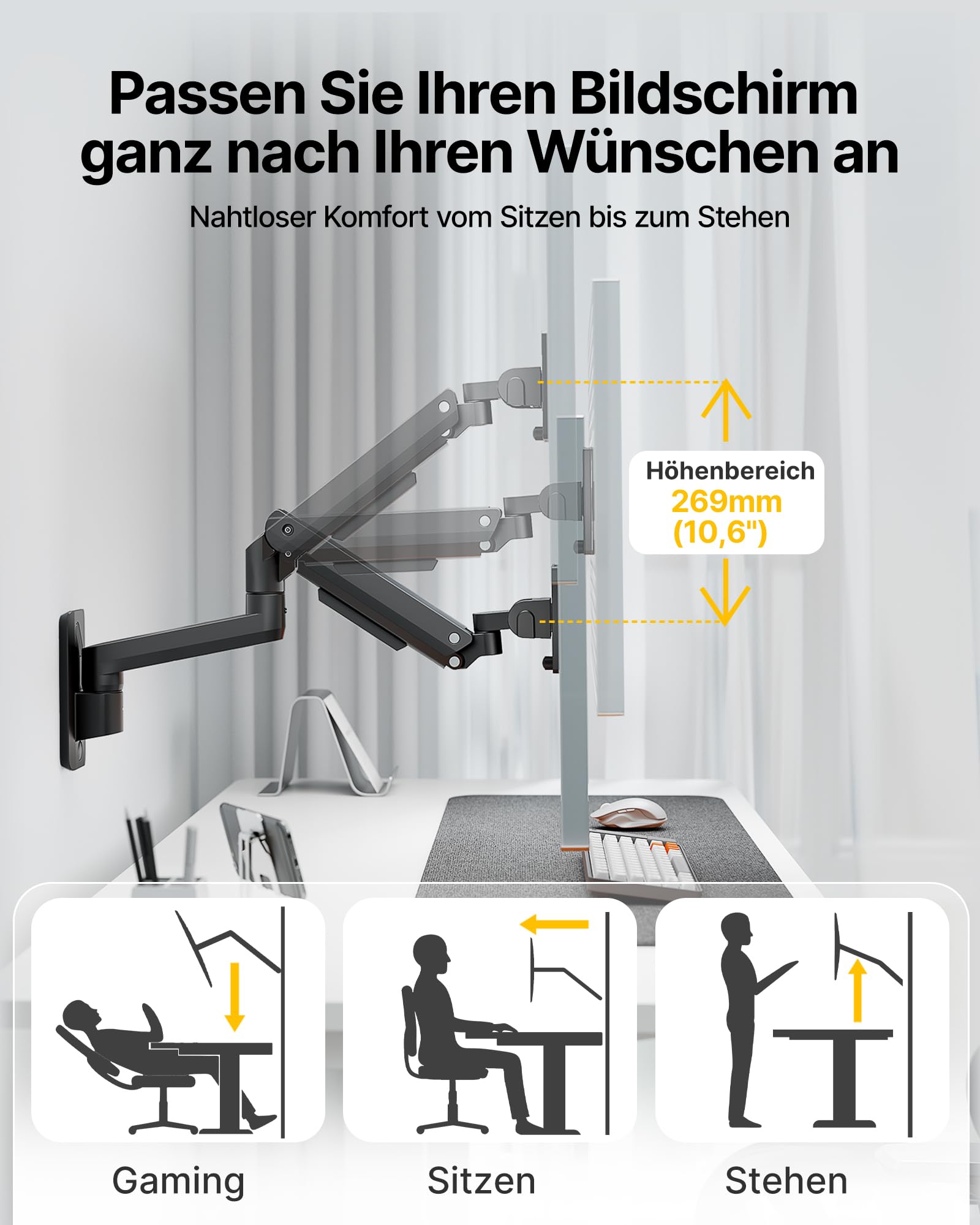 monTEK Ultrawide - Supporto da parete per monitor da 17-49 pollici | Supporto per monitor ad alte prestazioni, fino a 20 kg, braccio per monitor regolabile, 75 x 75/100 x 100 VESA, nero
