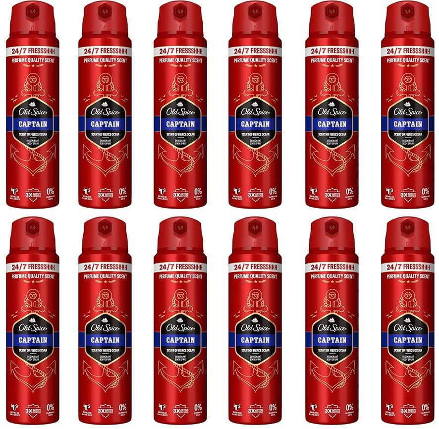 12x Old Spice Captain Deospray 24/7 Fressshhh bei täglicher Anwendung lang anhaltender Duft in Parfümqualität Schutz vor Gerüchen,Ohne Aluminiumsalze unsichtbar auf Schwarz & Weiß,150ml (12er Pack)