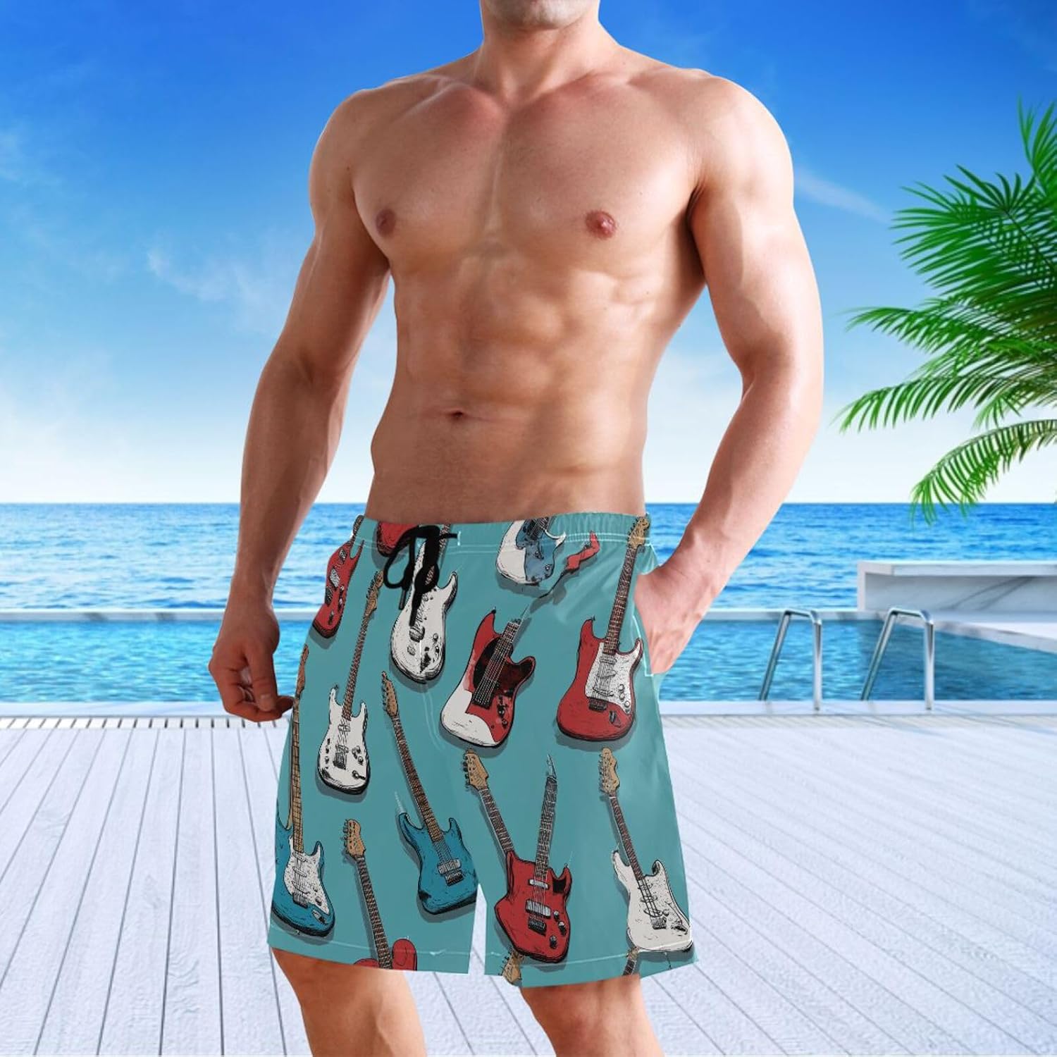 visesunny Black Palm Trees Red Men's Summer Beach Shorts Mens Swim Trunks Bathing Suits Board Shorts with Mesh Lining S-XXL