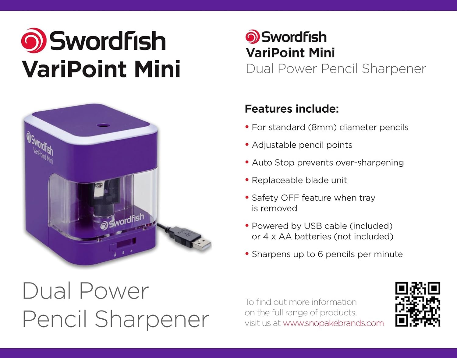Swordfish ‘VariPoint Mini’ Dual Power Pencil Sharpener with Pencil Point Options and Auto Stop Function [40304]