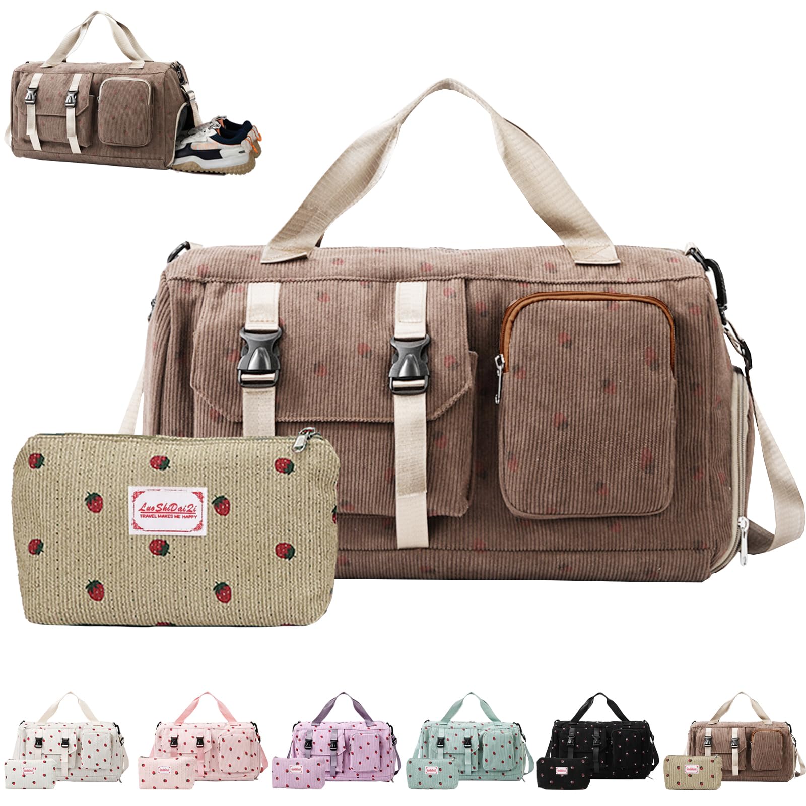 Bolsa de Deporte para Mujer, Pana Fresa Sporttasche con Compartimento para Zapatos, Compartimento y Billetera Pequeña para Mojados, Bolsa de Viaje für Viajar, Fitness, Deporte, 46x24x26 cm — view 12