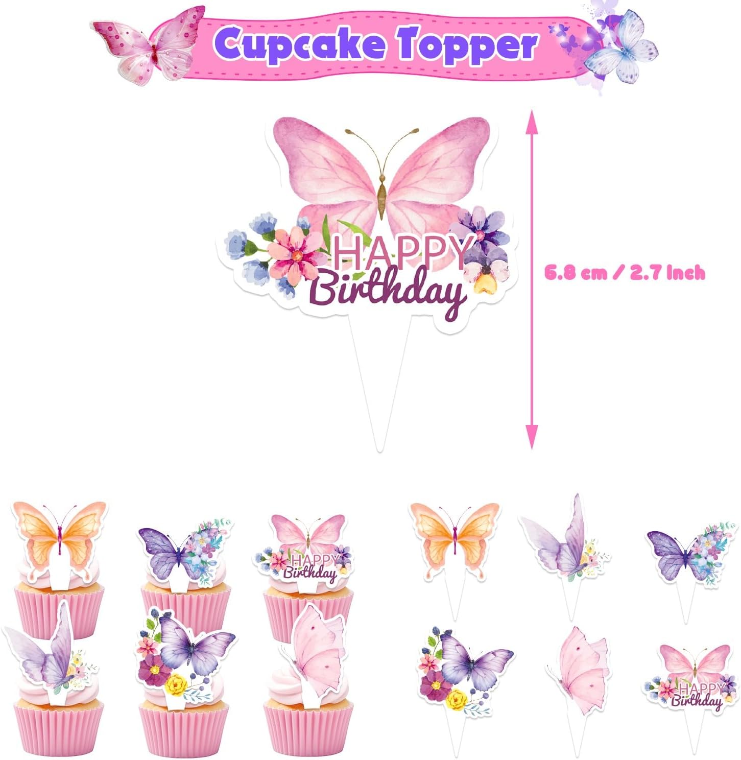 24Pcs Butterfly Cake Toppers Glitter Colorful Butterflies Cupcake Topper Baby Shower Cupcake Food Picks Decorations for Butterfly Theme Wedding Party Supplies Decoration