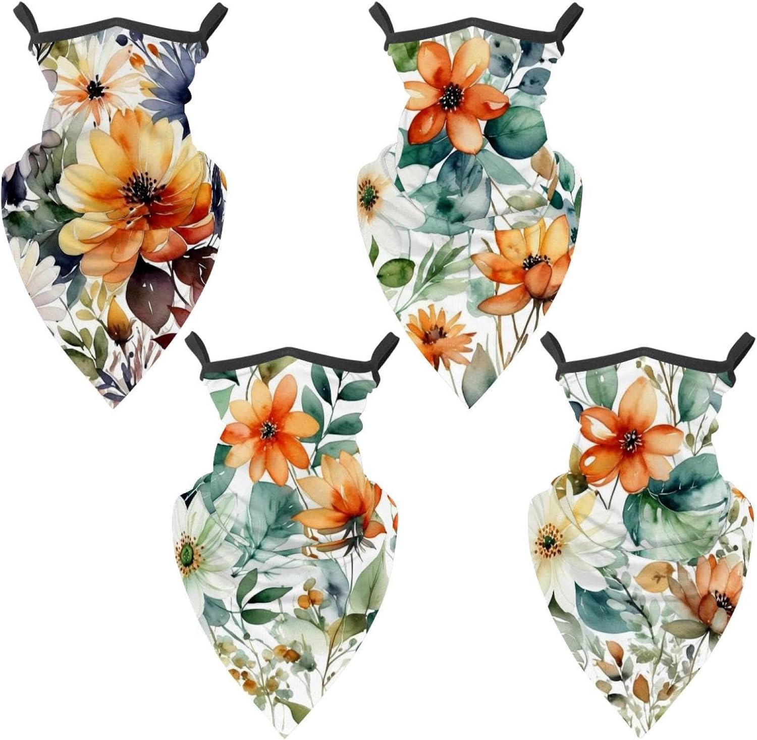 4 Pack Flowers and Green Leaves Neck Gaiter Face Cover Scarffor Skiing Fishing Hiking Cycling