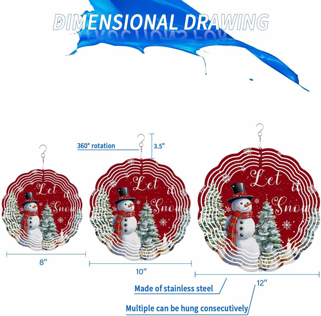 Christmas Snowman Wind Spinner 3D Stainless Steel, 12 Inch Double Sided Circle Hanging Wind Spinners, Winter Xmas Tree Snowflakes Red Garden Art Wind Sculpture for Yard Porch Front Door