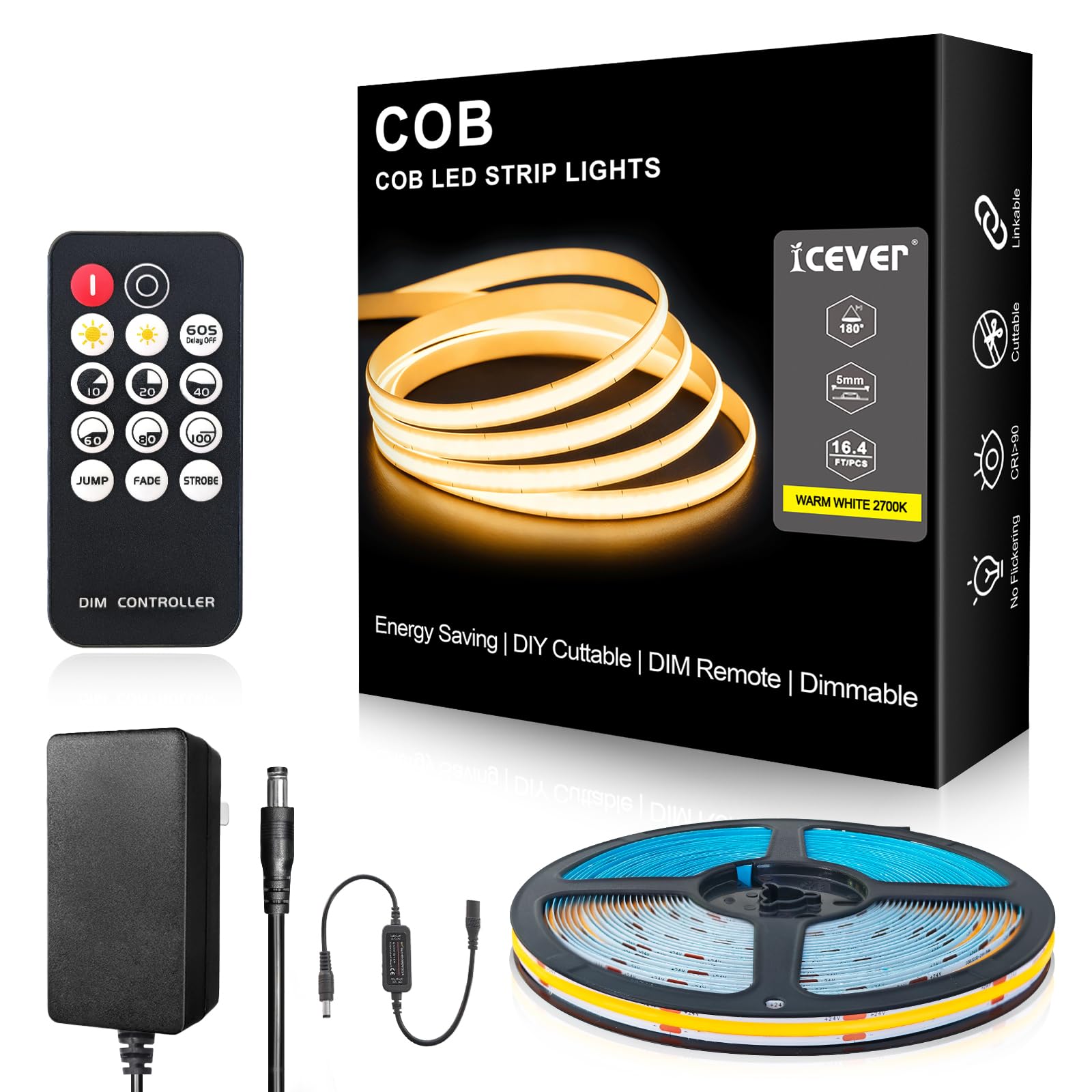 COB LED-Streifen, ETL-gelistet, Warmweiß 2700K, 10M 24V COB-Lichtstreifen mit 3200 LEDs, CRI 90+, Fernbedienung, 24V-Netzteil, LED-Leuchten für Schränke, Heimwerker-Beleuchtung