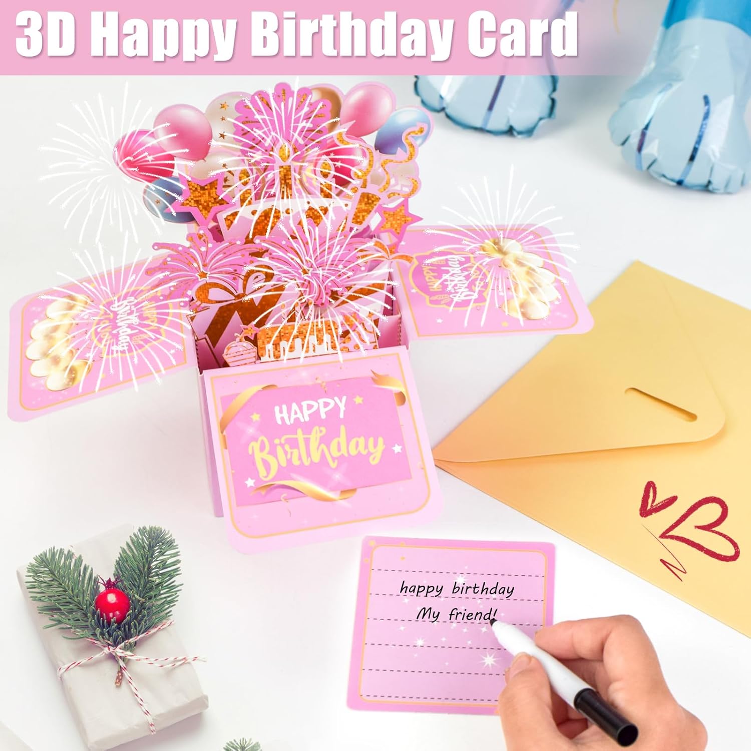 Surprise Pop Up Happy Birthday Cards, Lovely 3D Birthday Card for Adults and Kids with Envelopes, Unique Design Handmade Foldable Greeting Cards for Daughter, Son, Mom, Dad, Friend（Pink） - Image 3
