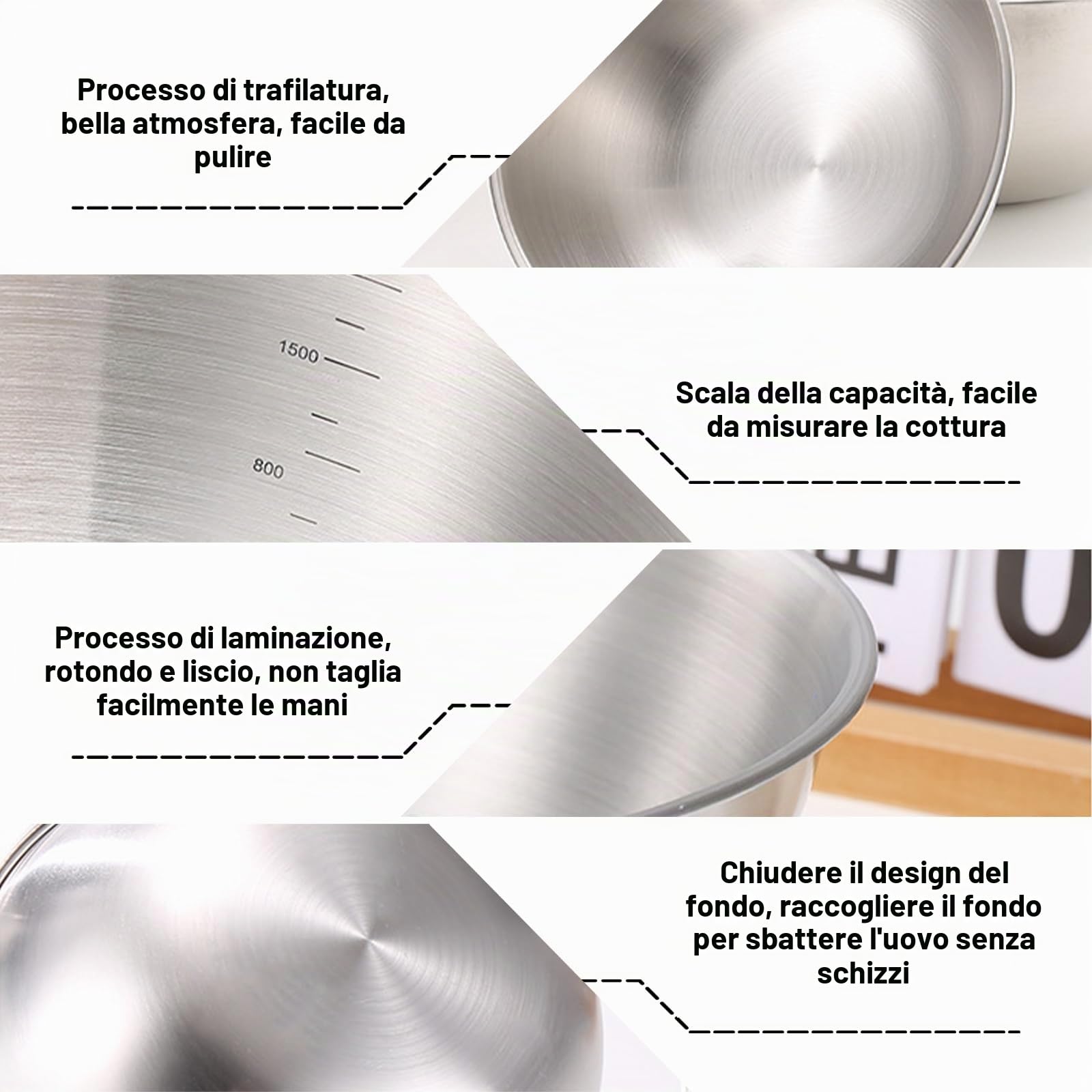 Set Di 6 Ciotole in Acciaio Inox, Ciotola Insalatiera, Ciotole Acciaio Inox con Misurazione, Lavabili in Lavastoviglie, Impilabili, per Ciotola di Cereali, Salse, Snack, Mescolare (1.2L, Ø 19.3 cm)
