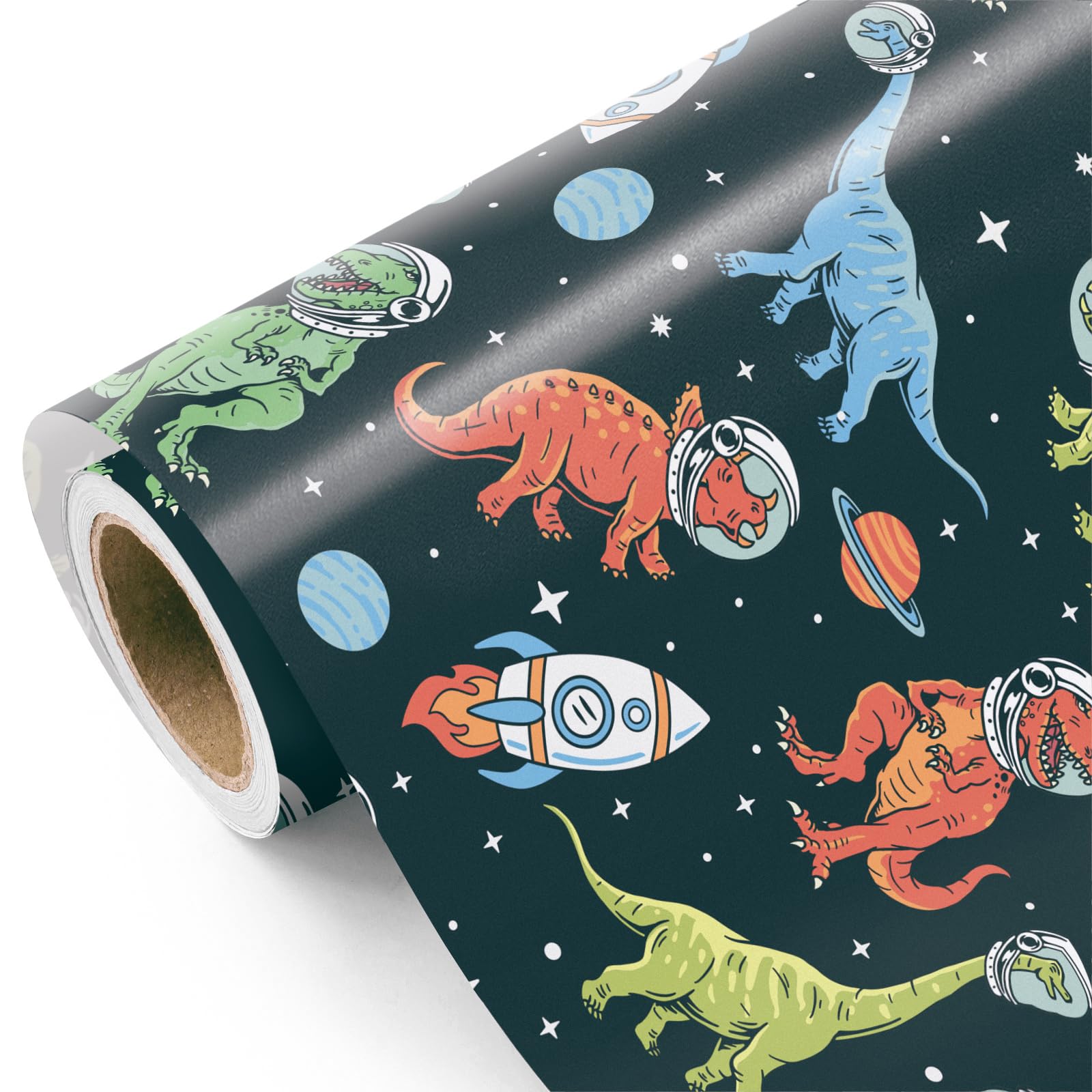 RUSPEPA Space Dinosaur Wrapping Paper - Mini Roll - 43.2cm x 5m - Dino Astronaut Rocket Birthday Wrapping Paper for Kids Boys, Baby Shower, Dino Lover — image 1