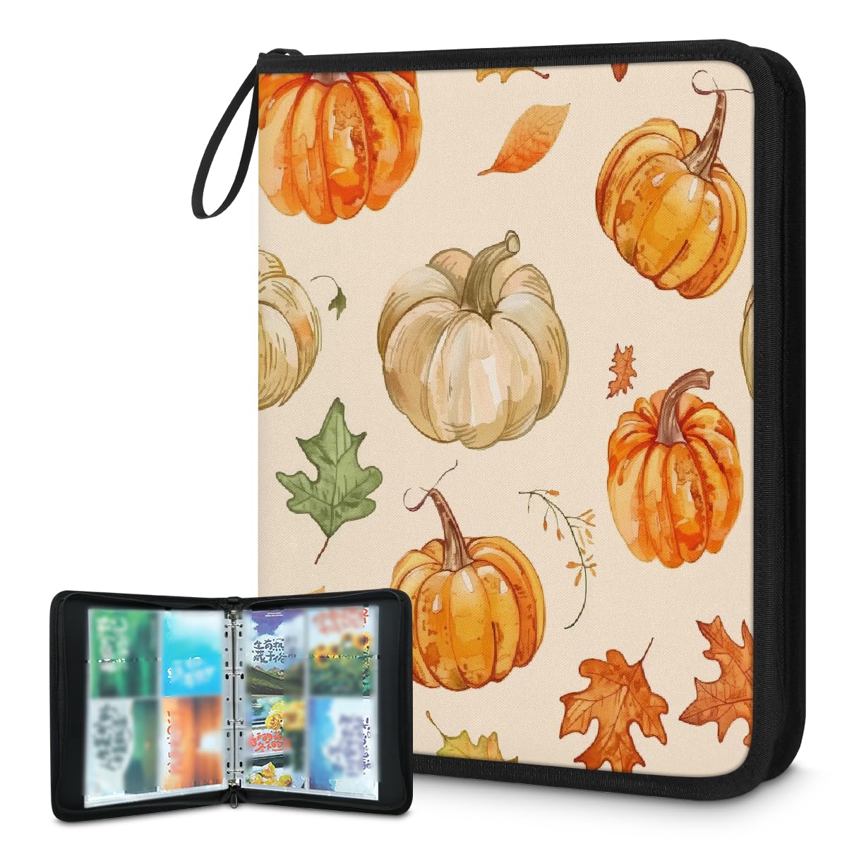 Raccoglitore per carte collezionabili con 4 tasche autunnali con foglie di zucca autunnali, raccoglitore per carte autunnali, per il Ringraziamento, con maniche rimovibili, impermeabile, con cerniera