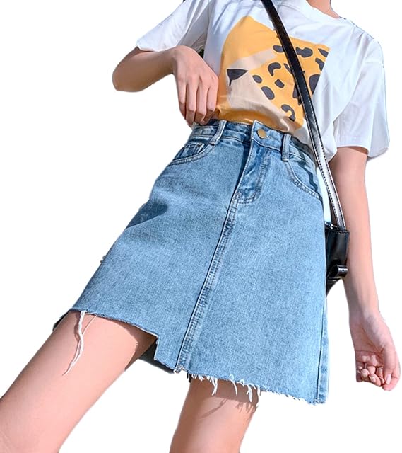 Amazon レディース おしゃれ デニムスカート ミニ ボタン かわいい スカート ミニ ショート デニム ジーンズ 膝上 台形スカート ａライン シンプル 大きいサイズ レディースファッション 秋 春 夏 美脚 大人 可愛い 不規則裾 スカート 通販