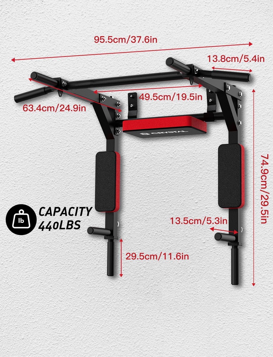 CRYSTAL FIT Multifunctional Wall Mounted Pull Up Bar, Chin Up Bar and Dip Station, Heavy Duty Steel Supports to 440 Lbs, Home Gym Workout Indoor Power Tower Set Training Equipment Fitness