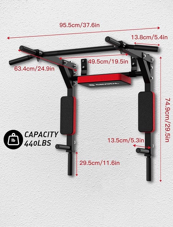 CRYSTAL FIT Wall Mounted Pull Up Bar for Doorway, Multifunctional Chin Up Bar Thickened Steel Supports to 440 Lbs, Indoor Pullup Bar/Upgrade Exercise Bar for Home Workout Portable