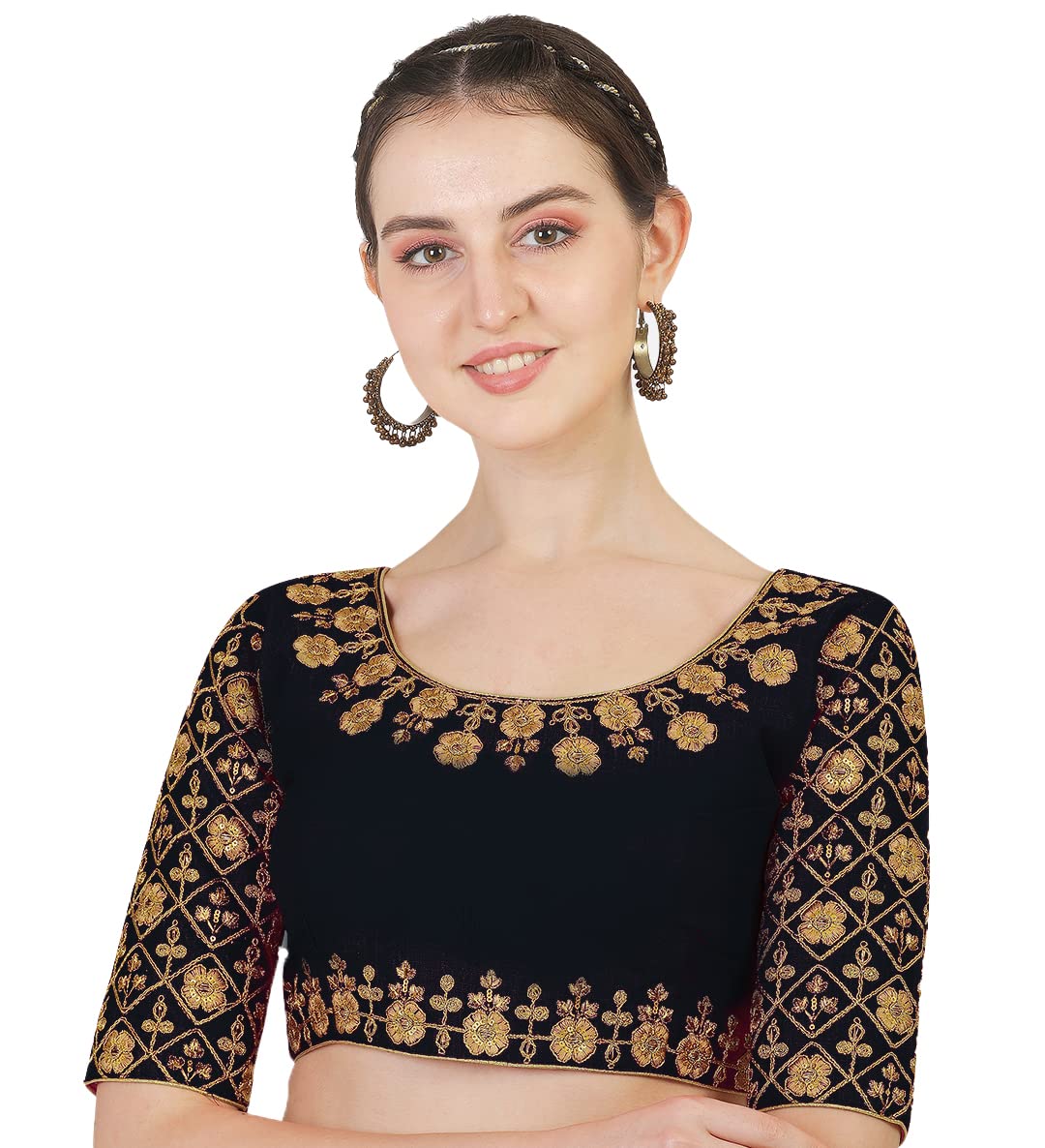 Pujia Mills Women's Phantom Silk Floral Half Sleeve Saree Blouse (Mbb_Black_36 Size+Margin)
