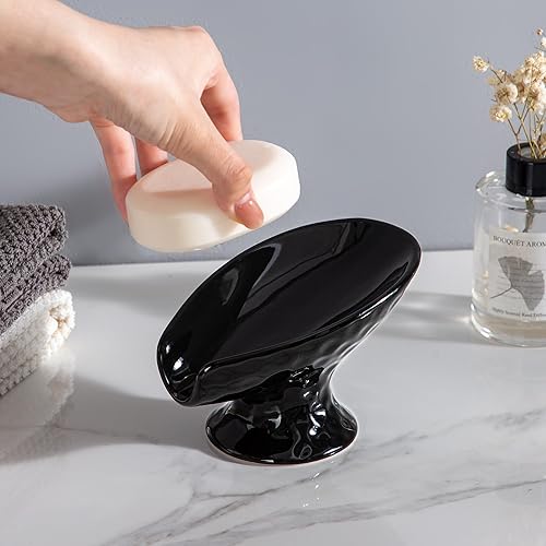 Miniatura 7 de Jabonera autodrenante, jabonera en forma de hoja, jabonera de cerámica negra para baño, cocina, ducha, mantiene el jabón seco, fácil de limpiar