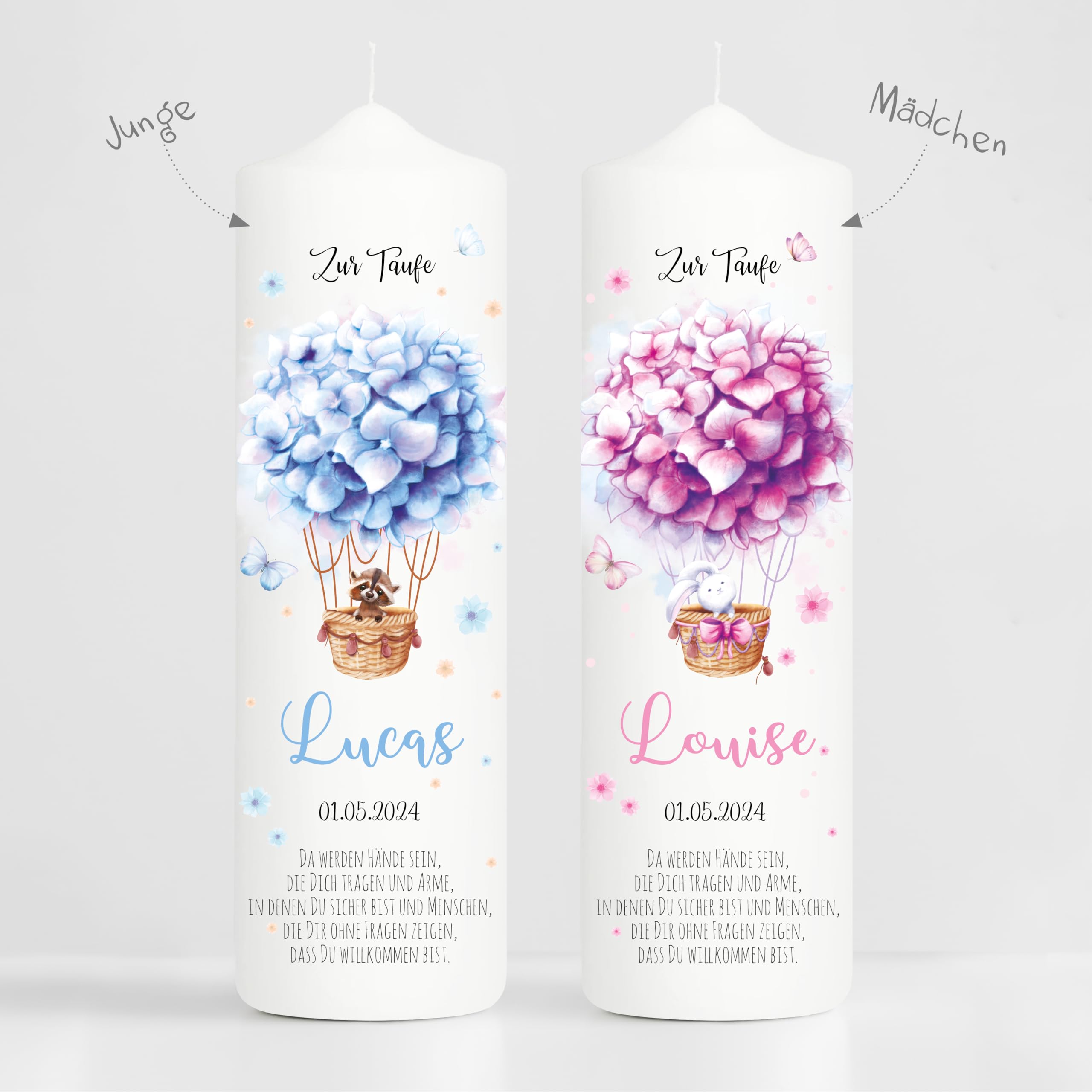 Wandtattoo Loft Taufkerze Jungen mit Taufspruch, Motiv Heißluftballon aus blauen Blumen, 25cm x 7cm, personalisierte Kerze, bedruckte Kerze zur Taufe, Stumpenkerze, Geburtskerze, Taufgeschenk