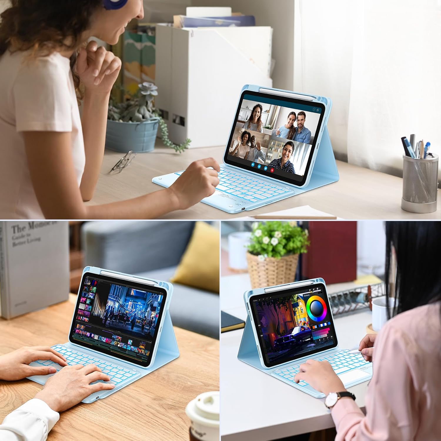 COO for iPad (A16) 11th 10th Generation Case with Keyboard, 7 Colors Backlit Magnetic Detachable Keyboard with Multi-Touch Trackpad & Pencil Holder for iPad 11 inch 2025/10 Gen 10.9" 2022（Light Blue）