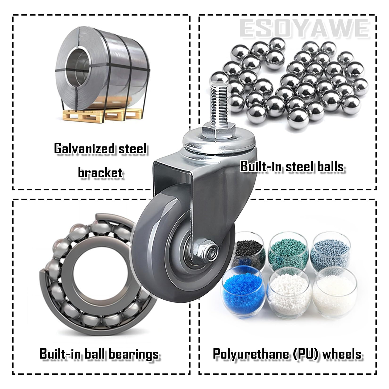 ESOYAWE Rotelle Girevoli Filettate M12 per Impieghi Gravo Set di 4, Silenzioso E Senza Traccia Ruote in Poliuretano con Freni, 63mm 75mm 100mm Rotelline di Ricambio per Carrello E Mobili(Brake,63mm)