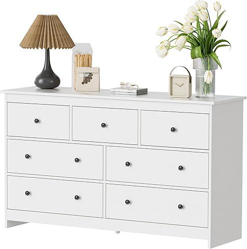 Miniatura 7 de Cómoda blanca de 55 pulgadas para dormitorio, cómoda grande de madera con 7 cajones profundos con asas negras, cómodas modernas y anchas de
