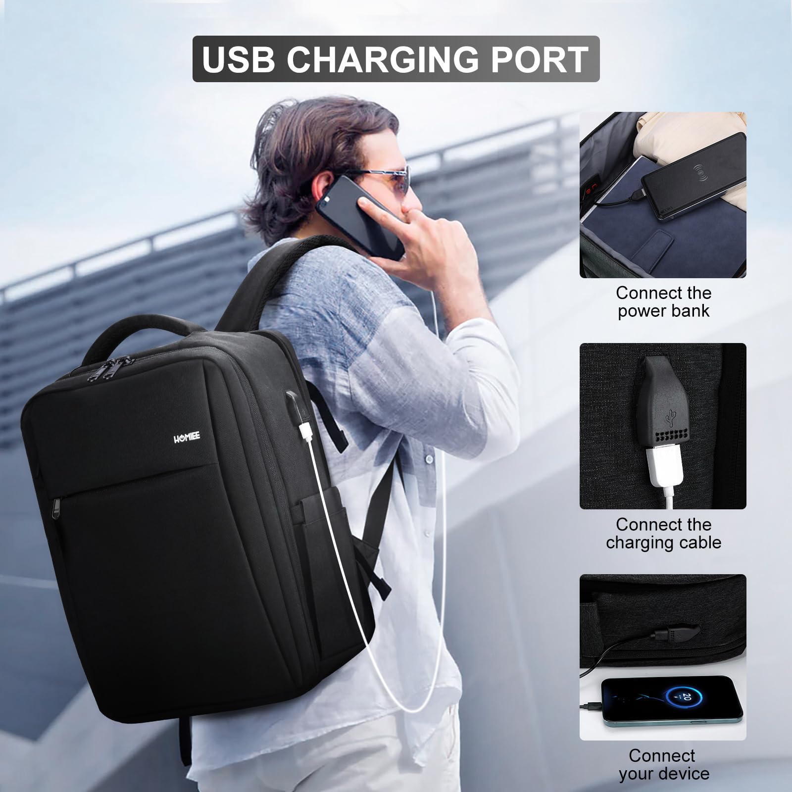 HOMIEE Zaino PC Portatili, Zaino Antifurto Impermeabile Con porta USB, Zaino per Computer Affari da 15.6 Pollici Notebook, Zaino Lavoro Uomo Donna per Casual Scuola Viaggio
