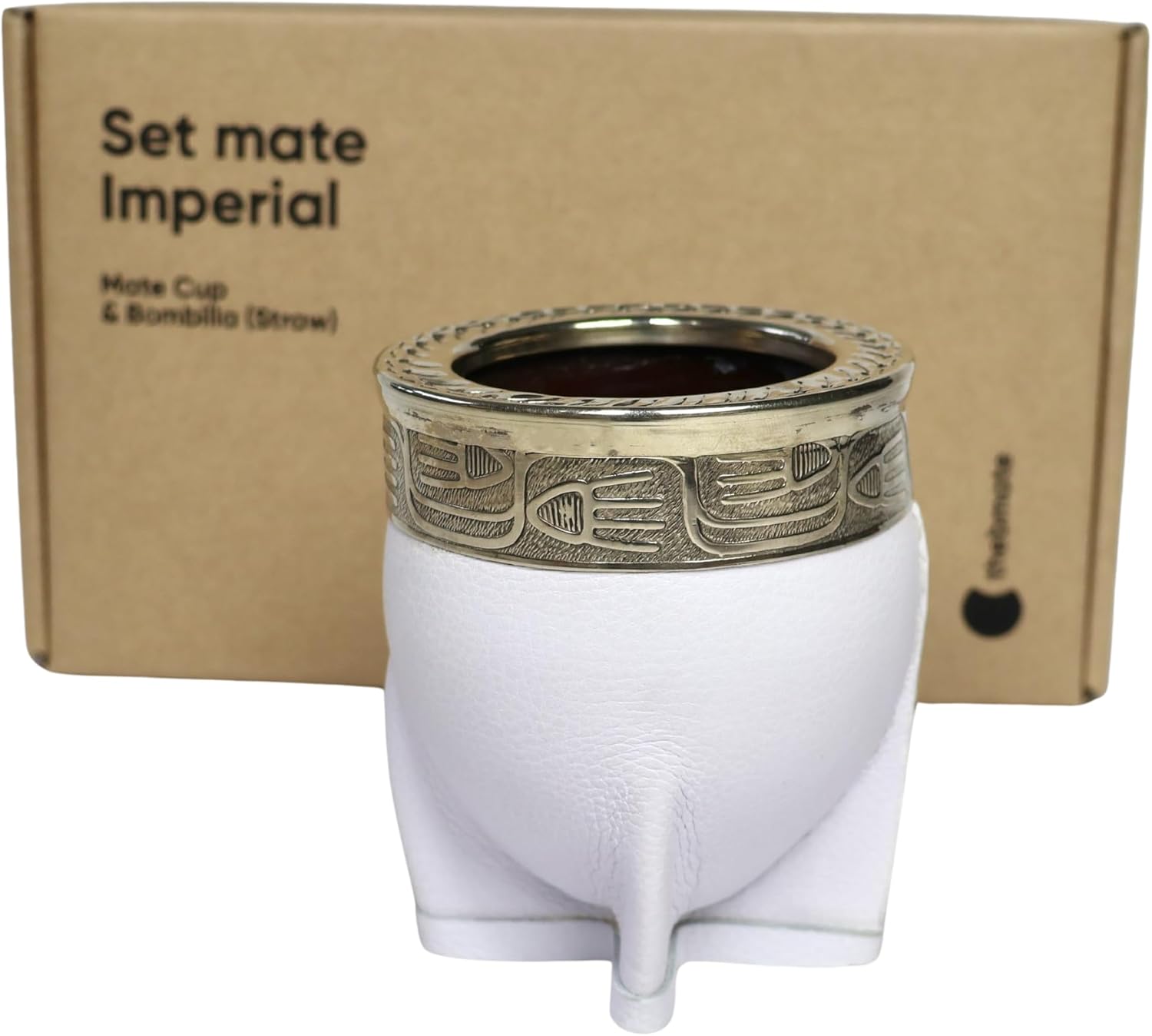 [Imperial Premium Set Yerba Mate Cup - Crafted Ceramic Teacup – Leather Wrapped Handmade in Uruguay - Set Mate Imperial with German Silver Bombilla Straw and Cleaning Brush (White)