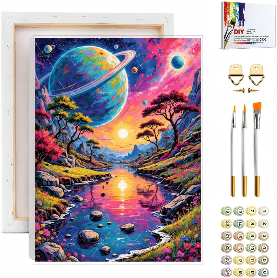 Earth And Stars Paint By Numbers Kit For Adults - Diy Mountain And Space Landscape Painting On Canvas, Acrylic Paint Set, Suitable For Beginners, Art For Home Decoration Or Gifts(8X12IN framed)
