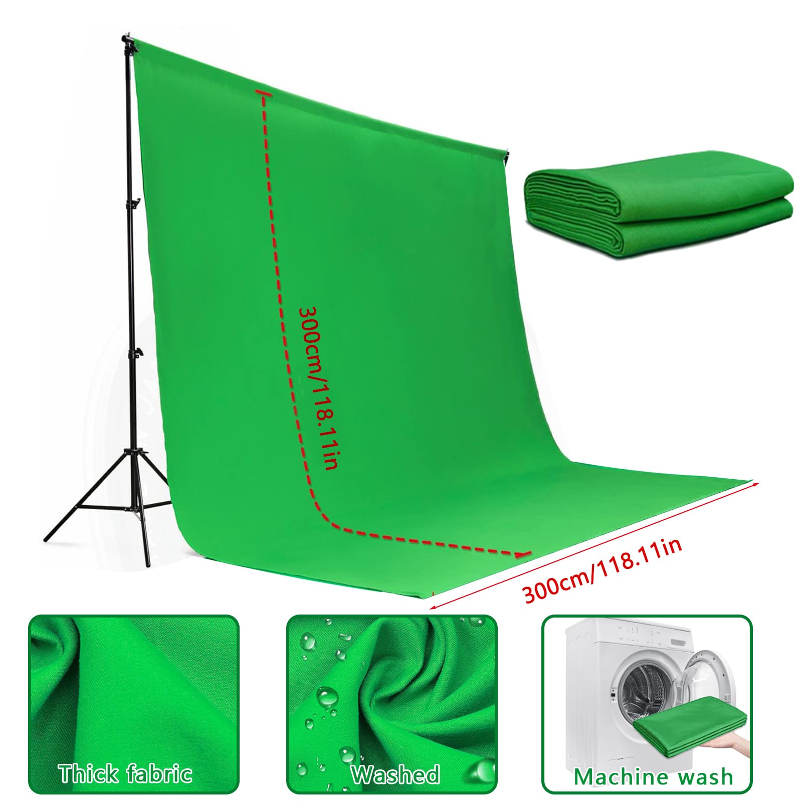 Green Screen con Supporto, Portatile Green Screen 3 x 3 m con Supporto per Sfondo Regolabile da 2,6 x 3 m e 4 Morsetti per Sfondo per Scattare Foto Streaming di Video di Gioco