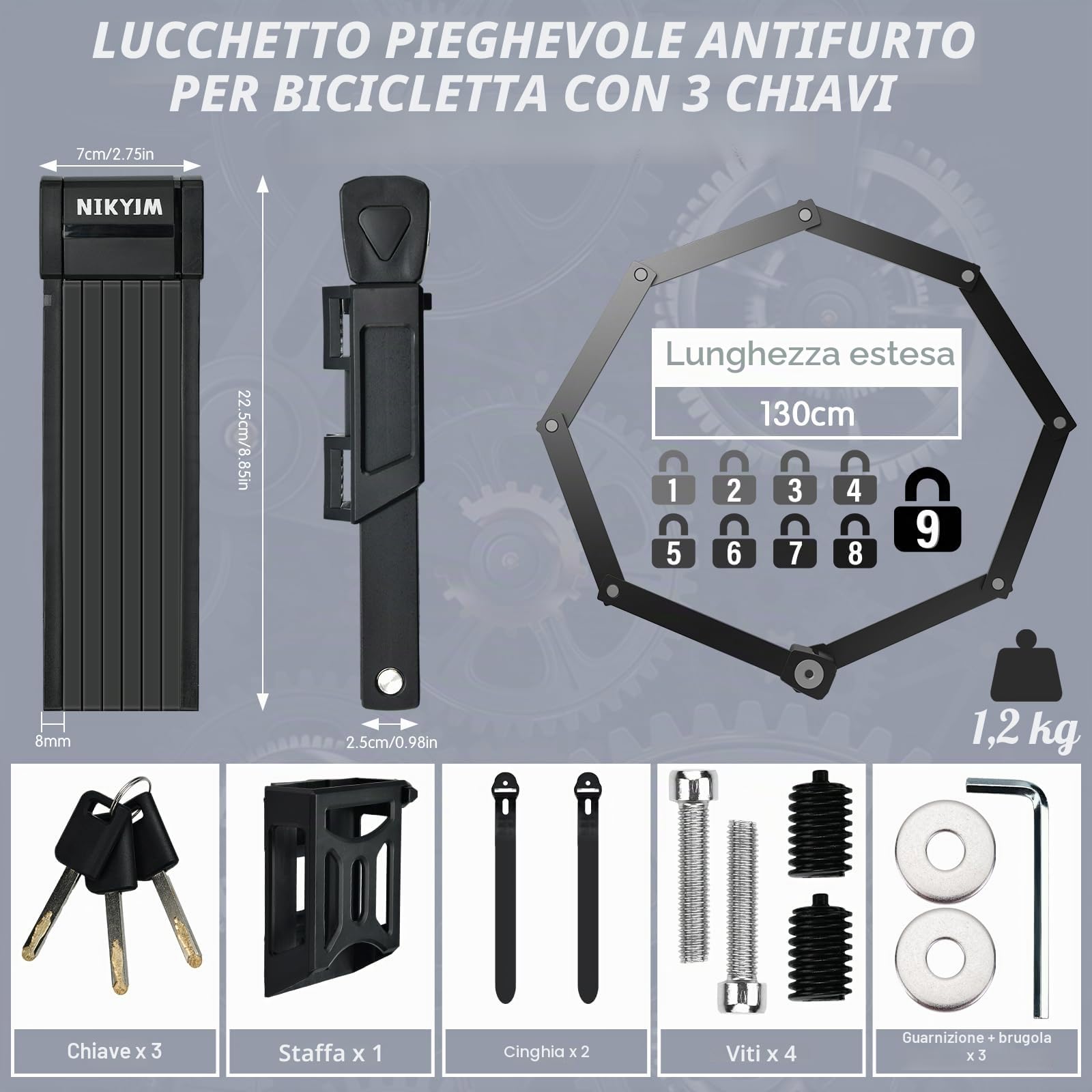 Lucchetto Bici,130 cm 8 Nodi Lucchetto Bicicletta Antifurto Pieghevole Portatile Catena Bici con Supporto e Accessori,per Bicicletta, Moto