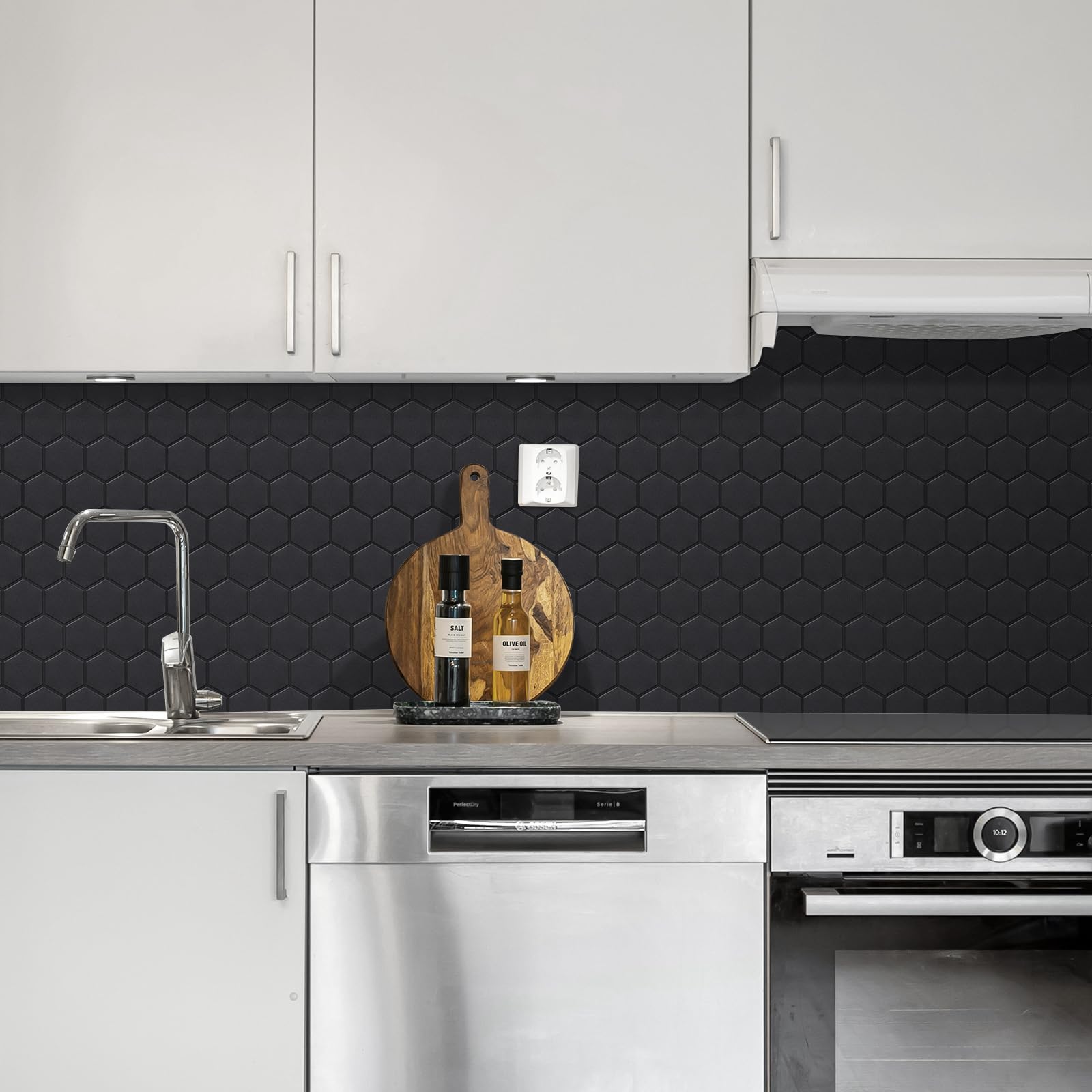Azulejos De Pared Autoadhesivos De 1,6 mm De Grosor, Adhesivos Hexagonales Negros Mate para Salpicadero De Cocina, Baño y Decoración Del Hogar (10 Hojas, 12 x 12 Pulgadas)