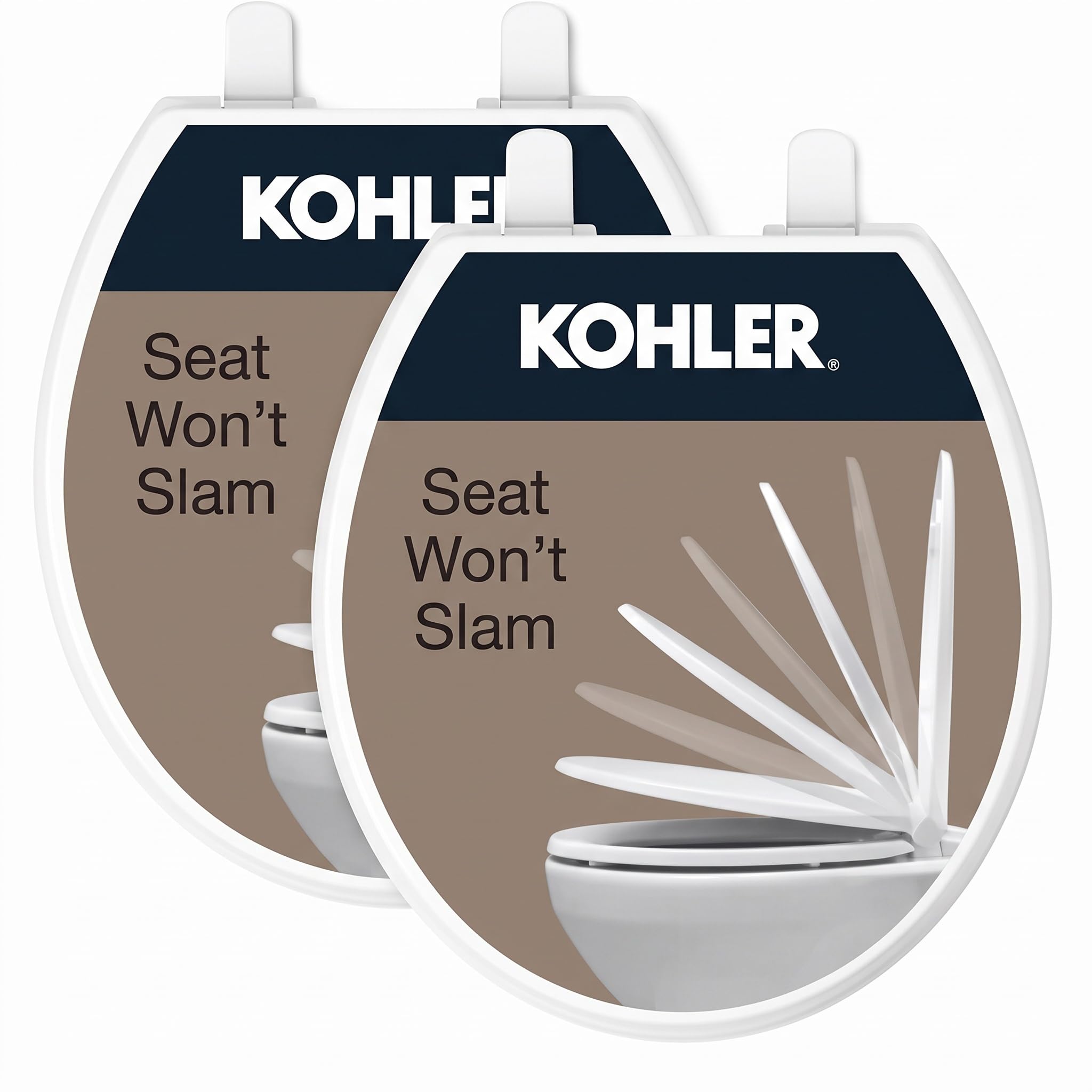 KOHLER 20111-0 Brevia, Slow Close Toilet Seat, Round Toilet Seat, Grip-Tight Bumpers Quick-Attach Hardware, White (Pack of 2)