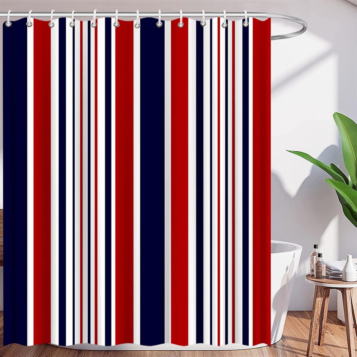 Navy Blue Red White Shower Curtain Abstract Geometric Stripes Modern Contemporary Simple Fashion Lines Nautical Classic Creative Polyester Curtains Bathroom Decor with Hooks 84" Wx70 H