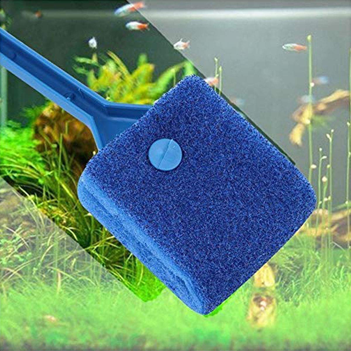 Esponja de limpieza para acuario de doble cara, con mango antideslizante, color azul