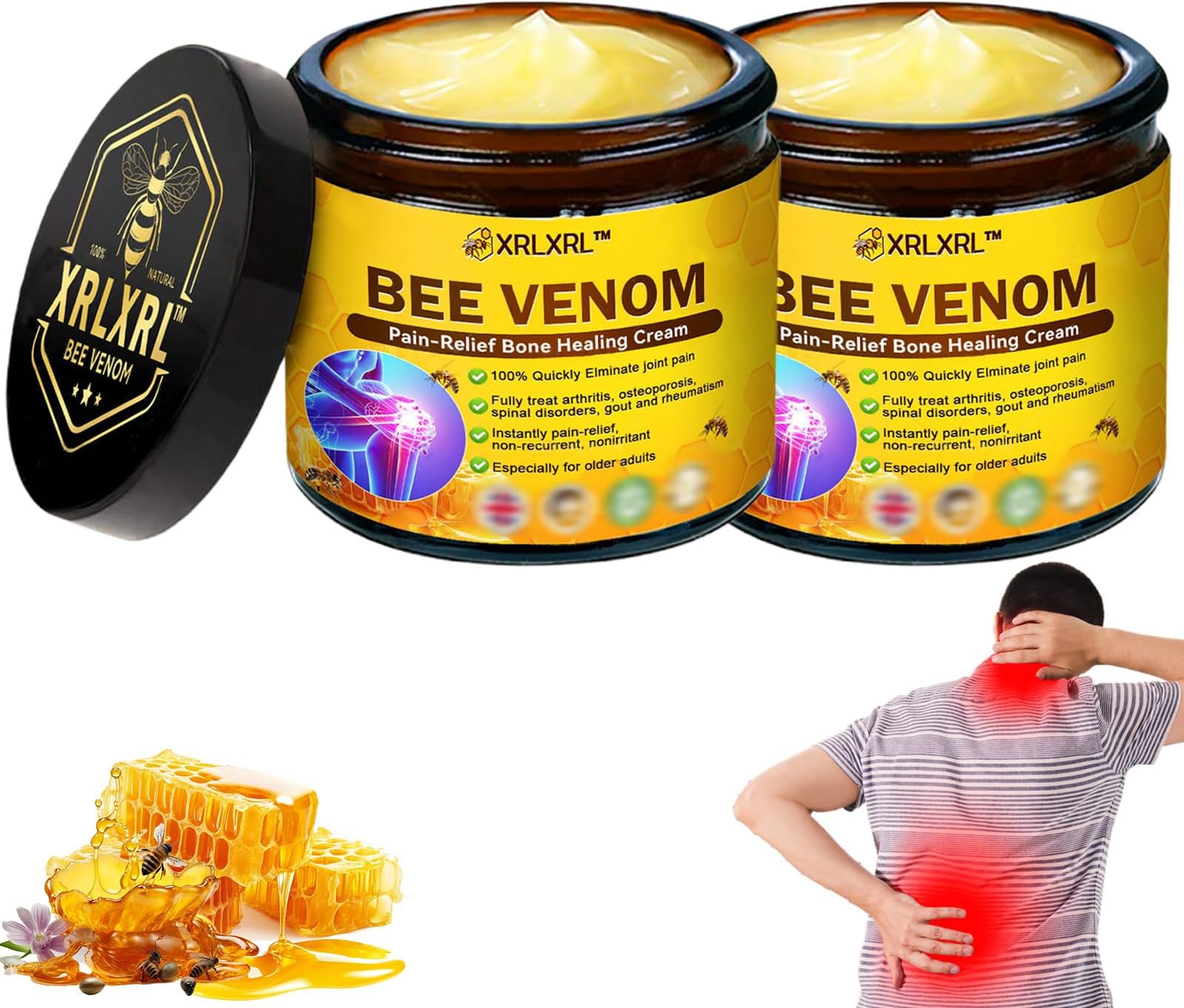 XRLXRL Bee Venom Pain-Relief Bone Healing Cream, Bee Venom Joint Cream for ain Relief, bee Venom Joint Therapy Pain Relief Gel for Back, Neck, Hands, Knee (2)