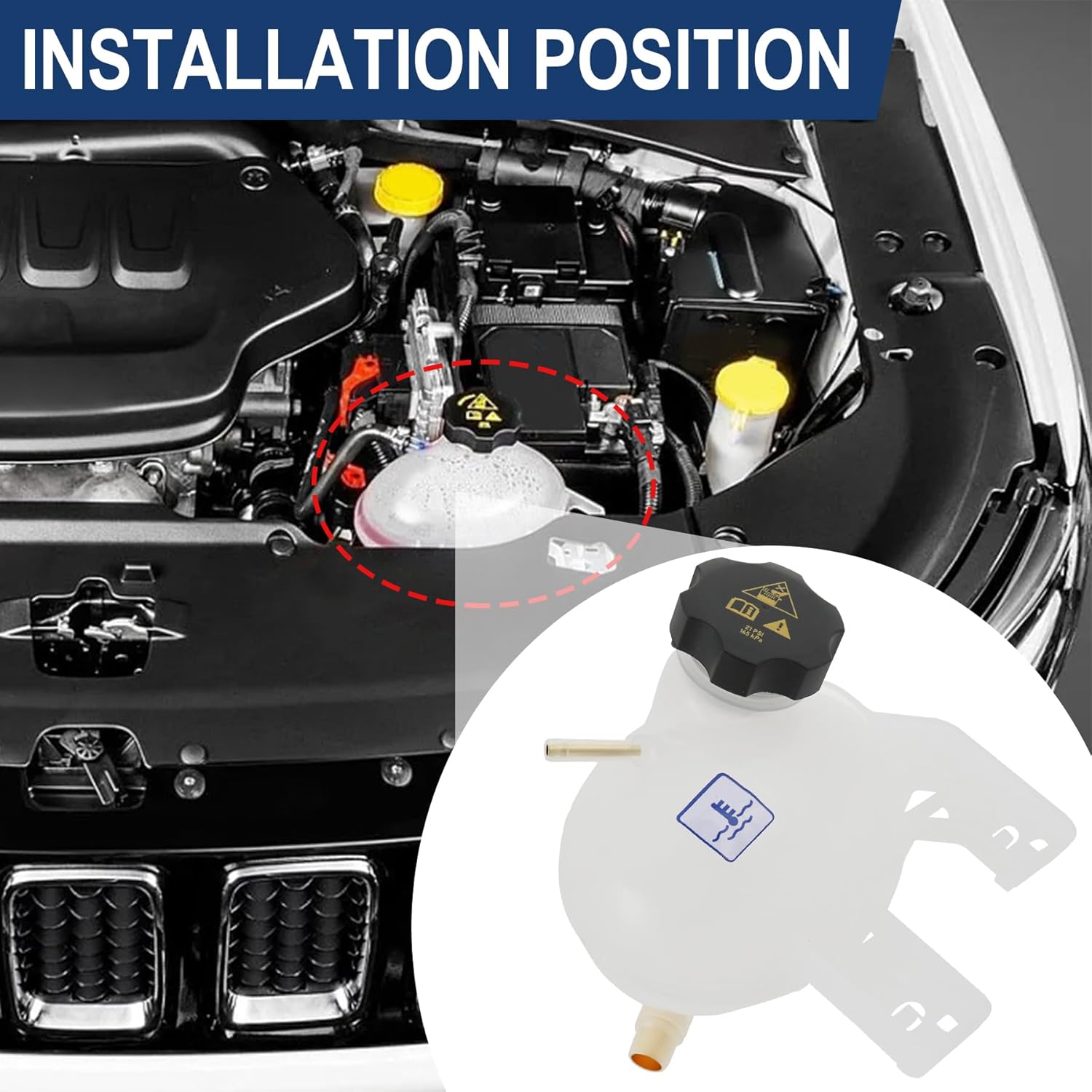 Engine Coolant Recovery Radiator Reservoir Tank with Cap Replacement For Jeep Compass 2017-2022 Replacement For Jeep Renegade 2015-2018 Replacement for Fiat 500X 2016-2018 Replaced 68289857AA Coolant